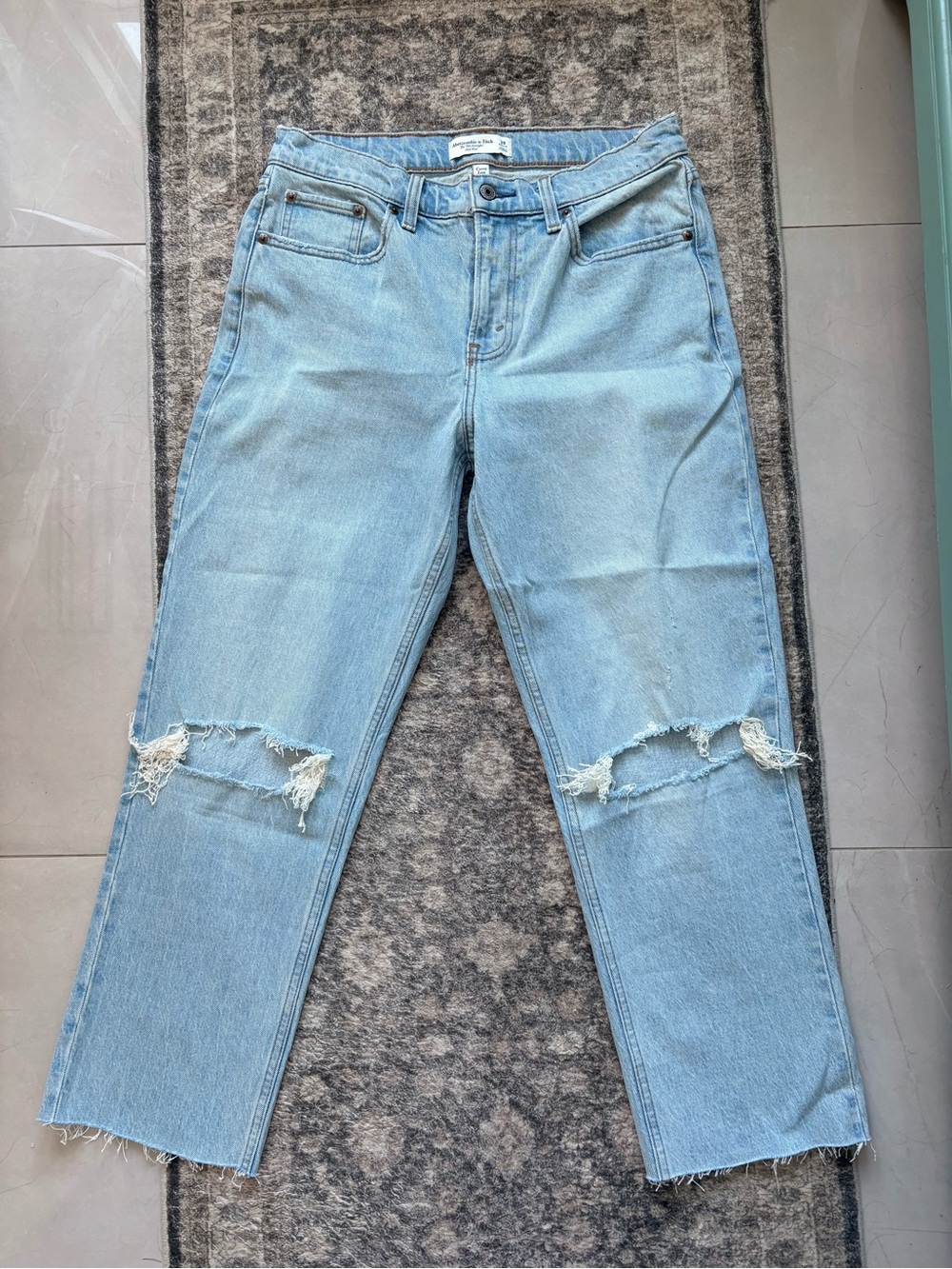 Abercrombie & Fitch Light Blue Cropped Straight Leg Ripped Jeans